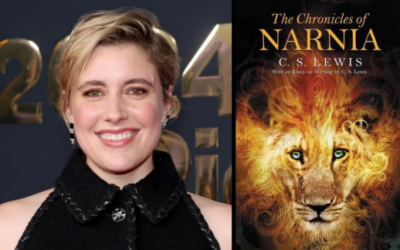 Greta Gerwig with an edition of The Chronicles of Narnia.